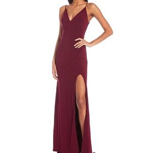 Prom Dress Spaghetti Strap Deep Plunged V-Neck Slit Hem ITY Long Gown